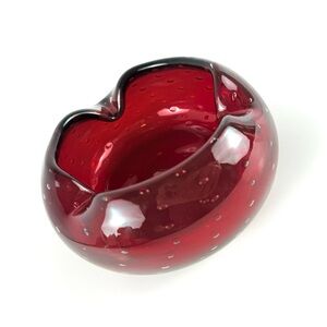 Vintage MCM Ruby Red Ashtray Glass Ashtray Controlled Bubble Freeform Hand Blown